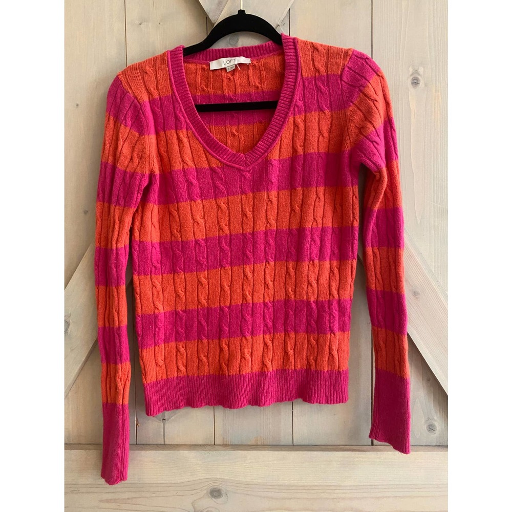 Ann Taylor loft striped cableknit sweater orange pink womens